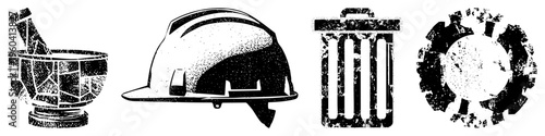 Distressed halftone vector mortar and pestle, safety helmet, trash bin, gear wheel. Graphic design elements with gritty texture,, isolated symbols.