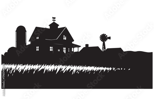 Farm Landscape Silhouette Vector, Country Road with Barn and Fence, Black and White Rural Scene Illustration