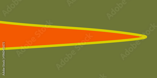 Sharp tapered arrow vector background. Symmetrical orange cone illustration with yellow borders pointing towards the right on olive green, symbolizing direction and focused growth.