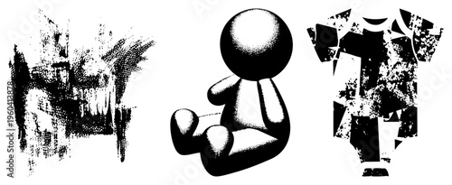 Graphic representation of fragmented human form and t shirt design, halftone texture, vector art, stylized silhouette, abstract fashion, digital illustration, graphic design element.