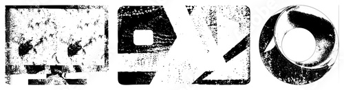 Bold stylized letterforms with gritty texture, distressed typography, graphic design, vintage logo elements, industrial aesthetic.