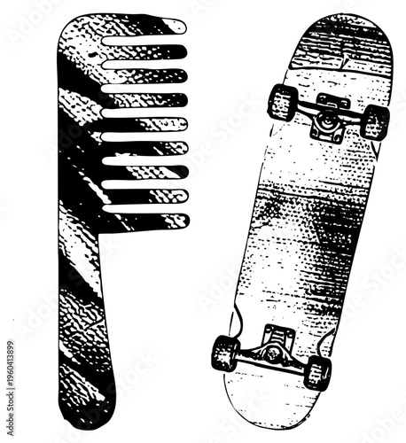 Classic comb with textured, skateboard with worn deck, retro graphic design, black and white halftone style, urban grooming and street culture.