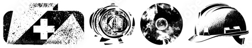 Black and white halftone including first aid kit, wooden barrel, CD disc, and construction helmet, vector graphic symbols for safety, tech, and industry.