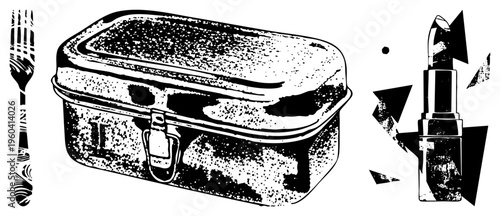 Classic lunchbox with clasp, paired with fork and lipstick in stylized halftone, retro graphic, black and white vector art, isolated food and beauty items.