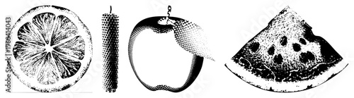 Halftone rendered citrus slice, candle, with leaf, watermelon wedge stylized vector illustrations,, retro graphic design, food, isolated elements.