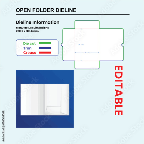 Open folder dieline with manufacture dimensions and cut trim crease guide template die cut