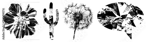 Dandelion puffball with seeds, botanical illustration, vector silhouette, halftone, nature graphic, isolated flora, art print.