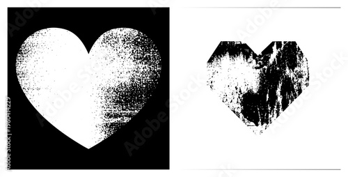 Two stylized heart graphics with distressed textures, halftone dots and splatter effects, isolated vector elements, artistic symbol for love or emotion.