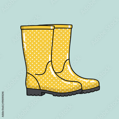 Polka-dot yellow rain boots with black soles on a light blue background