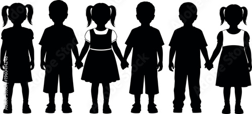 Minimalist vector illustration of children silhouettes holding hands, modern community icon symbolizing friendship, unity, innocence, togetherness