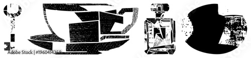 Stylized vector with fragmented shapes, halftone, bold, glitch effects. Key, cup, perfume bottle, bowl. Transparent bg.