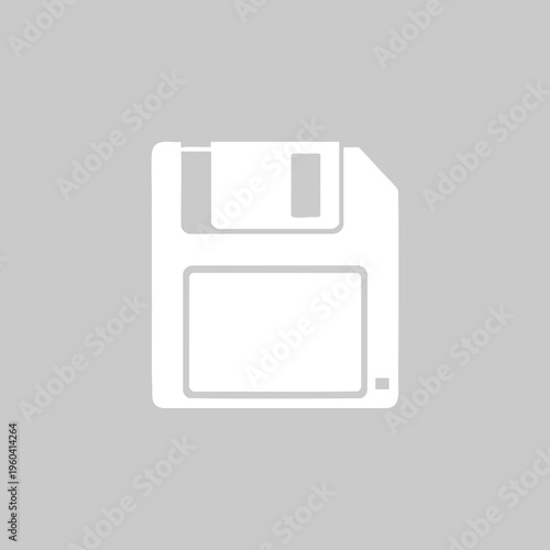 A minimalist white icon representing a floppy disk on a gray background