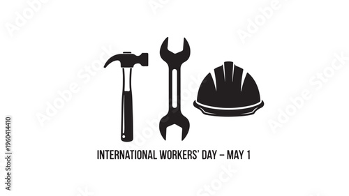 Black silhouette tools and hard hat for International Workers Day on white background in simple graphic style with bold lines for labor day celebration