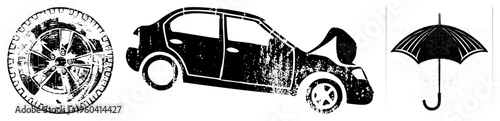 Car accident silhouette with dented hood, flat tire rim, vehicle collision damage, automotive crash, black and white vector.