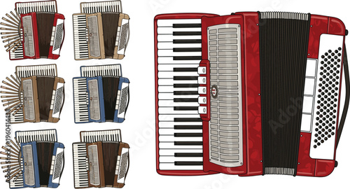 Accordion Set in Different Colors and Designs for Music Performance, Folk Music, and Traditional Instrument Use