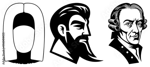 Bold black and white vector portraits judge’s wig, bearded profile, powdered wigged man high contrast graphic style.