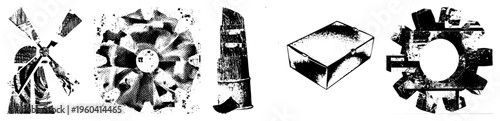 Stylized mechanical components rendered in halftone texture, industrial fan blades and gear wheels, graphic design elements, vector art with gritty aesthetic.