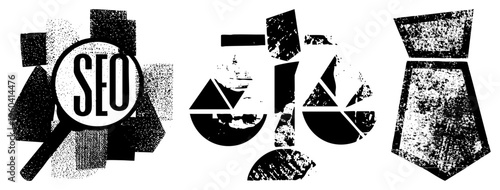 Black and white halftone representing SEO, data analysis, and business strategy, geometric shapes with distressed texture, vector graphic elements.
