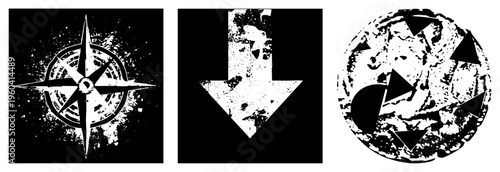 Weathered directional symbols compass rose, downward arrow, globe with arrows. Vector with distressed texture. Navigation tools for UI, maps, or apps. Isolated, cutout, rgba.