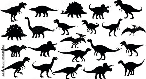 Minimalist vector illustration of dinosaur silhouettes in varied species, modern prehistoric icon symbolizing evolution, diversity, paleontology, education