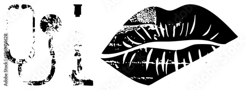 Graphic vector of microphone and lips with gritty texture, pop culture symbols, music and vocal representation, stencil art style, design.