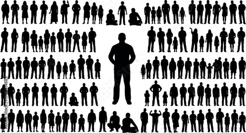 Minimalist vector illustration of diverse human silhouettes in varied postures and group interactions, modern people icon symbolizing leadership, unity, individuality