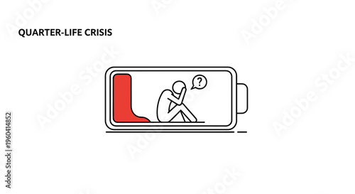 Quarter-life crisis concept: exhausted person sitting inside a low battery icon.