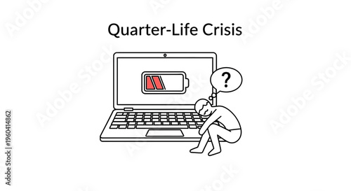 Quarter-Life Crisis: Person with low battery symbol on laptop, feeling stressed and confused.