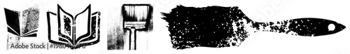 Illustrated book and paintbrush symbols, distressed texture, artistic tools, graphic design elements, vector.