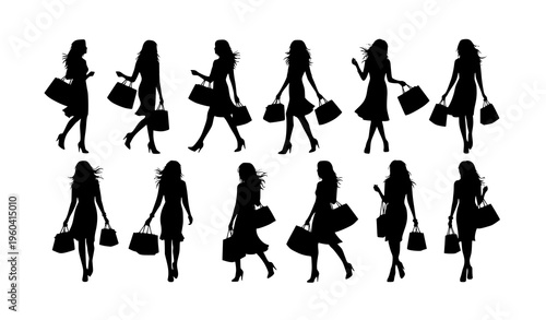 Fashionable shopping women silhouettes in motion stylish female shoppers walking with bags vector set