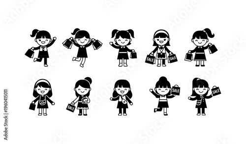 Cute happy shopping girl icon set with playful female shopper silhouettes in flat minimal style vector