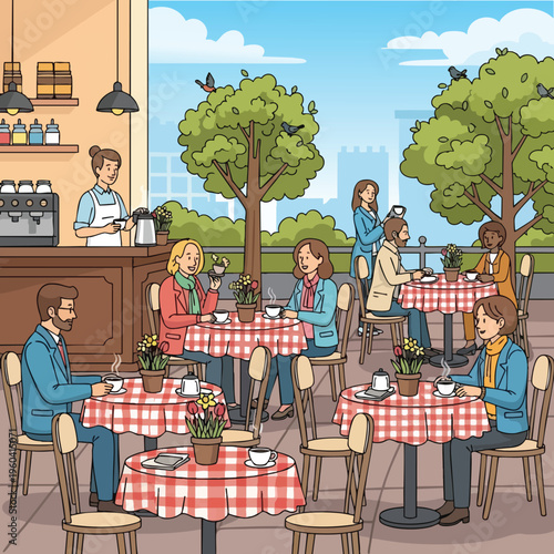 People enjoying coffee and conversation at outdoor cafe tables under trees