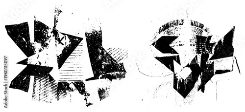 Fragmented black letterforms with gritty texture, stylized typography, graphic design elements, vector art, modernist composition, urban aesthetic, stencil effect.
