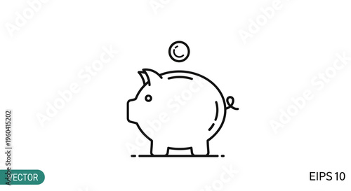 Piggy Bank Icon with Coin, Saving Money, Financial Growth, Investment Concept, Vector Art