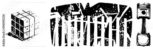 Vector illustration trio grungy 3D cube grid, weathered fence silhouette, industrial piston component. Isolated, textured, mechanical, abstract shapes.