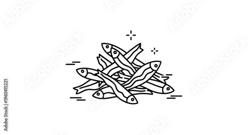 Pile of Anchovy Fish Icon, Minimalist Line Art Illustration