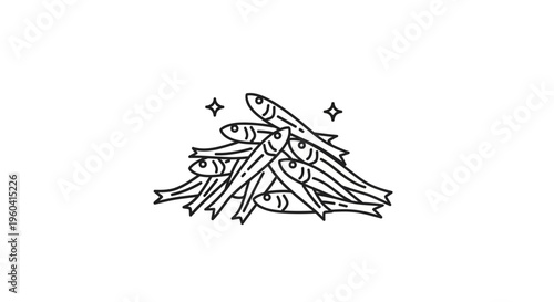 Pile of fresh anchovy fish, simple line art illustration with sparkles