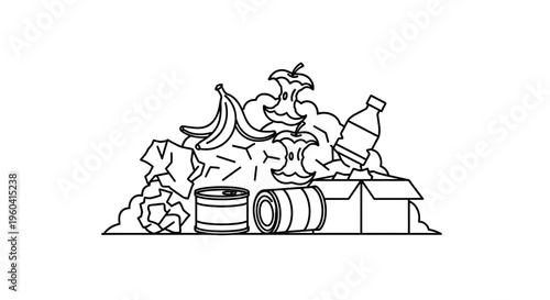 Pile of garbage with food scraps, plastic bottle, and cans, illustration
