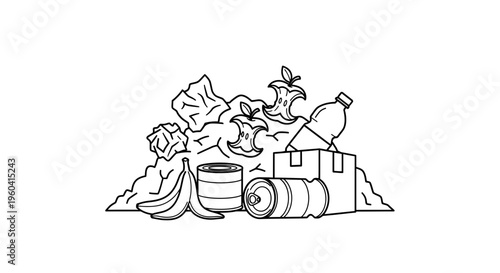 Pile of mixed waste and recyclables including food scraps, plastic bottle, cans, and cardboard