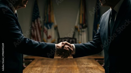 Powerful Handshake Between Two Businessmen or Politicians in a Dimly Lit Formal Setting, Symbolizing Agreement, Partnership, and Deal-Making