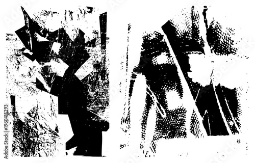 Bold fragmented shapes in high contrast, abstract composition with halftone grain, graphic art, digital vector design, isolated elements.