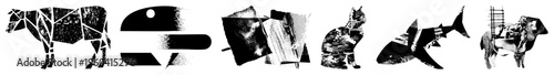 Graphic design of cow, fish, cat, whale, elephant made from collage textures, halftone, glitch art, vector cutouts,, isolated subjects.