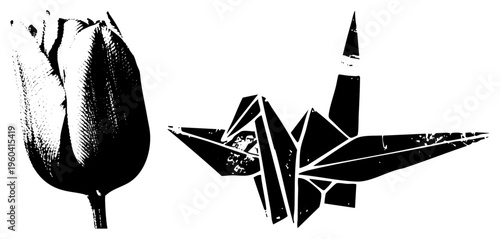Stylized tulip bud and paper crane in halftone vector art, graphic design, geometric shapes, flat style, isolated foreground elements.