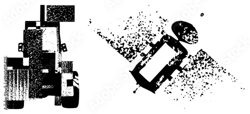 Fragmented mechanical vehicle breaking apart with halftone spray, vector deconstruction, industrial decay, stylized machine explosion, graphic design element.