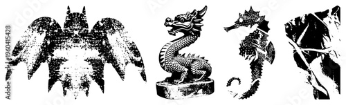 Black and white halftone illustrations of mythical creatures bat, dragon statue, seahorse, horse head. Vector graphic with textured, isolated foreground elements.