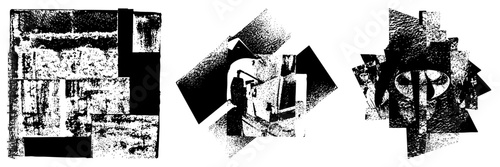 Collage of fragmented halftone squares and rectangles, abstract graphic design, vector art, digital texture, stylized geometric abstraction.