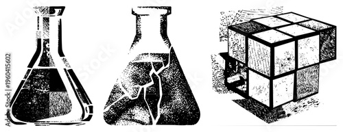 Laboratory flasks with textured halftone fills, cracked flask, 3D cube grid, scientific equipment, vector illustration, graphic, educational tool.
