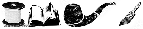 Classic creative tools rendered in halftone style thread spool, open book, smoking pipe, paintbrush ideal for design, illustration, or use.