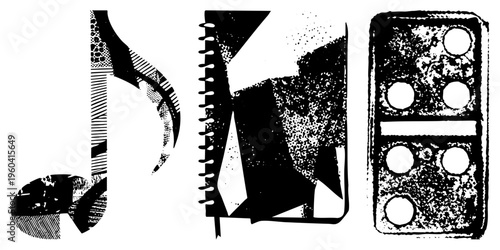 Stylized musical note, spiral bound notebook, and tile rendered in halftone, black and white vector illustration, graphic design elements, isolated symbols.