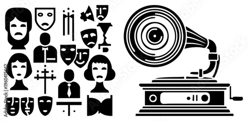 Classic gramophone with stylus and horn, paired with expressive face and theatrical masks, flat vector art, emotion symbols, vintage device.